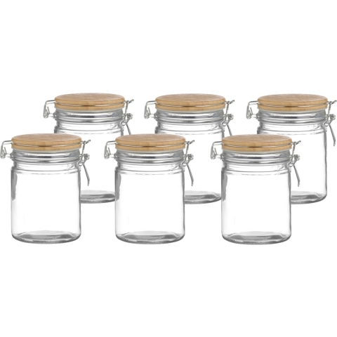 Voorraadpot/bewaarpot - 6x - 700 ml - glas - met beugelsluiting - bamboe deksel -