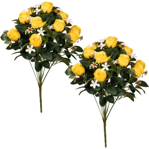 Kunstbloemen boeket rozen met bladgroen - 2x - geel - H49 cm - Bloemstuk -