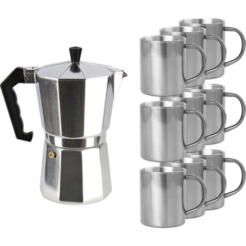 Aluminium moka/koffiemaker met 9x RVS kopjes -