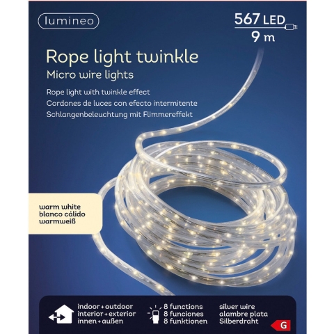 Lichtslang zilver met warm witte verlichting 9 meter 567 lampjes -