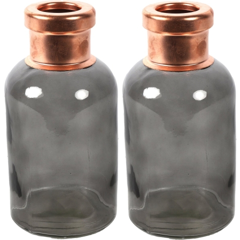 Bloemenvaas Firm Bottle - 2x - transparant grijs/koper - glas - D10 x H21 cm -