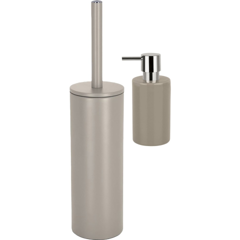 Badkamer accessoires set - WC-borstel/zeeppompje - metaal/porselein - beige -