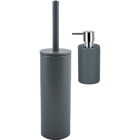 Badkamer accessoires set - WC-borstel/zeeppompje - metaal/porselein - donkergrijs -