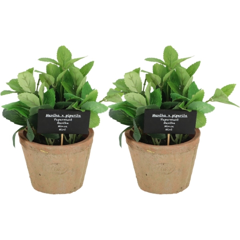 Kunstplant/kruiden munt - 2x - in oude terracotta pot - 20 cm - kruiden -