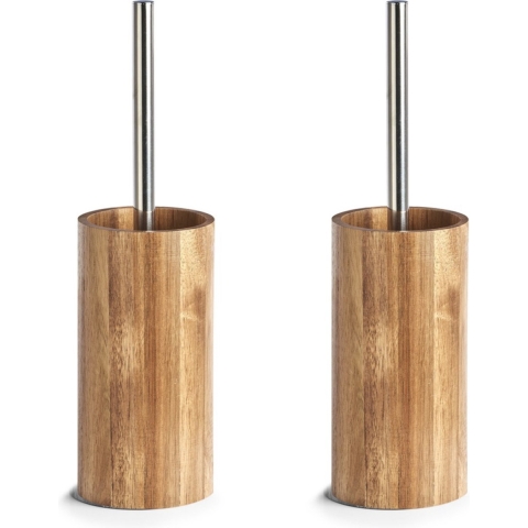 WC/toiletborstel in houder - 2x - acacia hout - H36 cm -