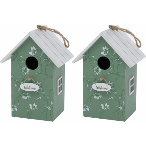 2x Vogelhuisje/nestkastjes groen/wit hout 22 cm -