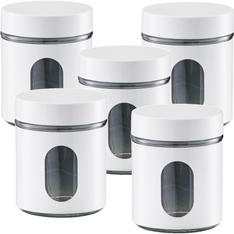 Voedsel keuken voorrraadpot - 5x - metaal - wit - 600 ml - met venster - blikken/bussen -