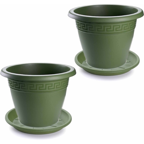 5x stuks bloempotten met onderschaal donkergroen rond diameter 25 cm -