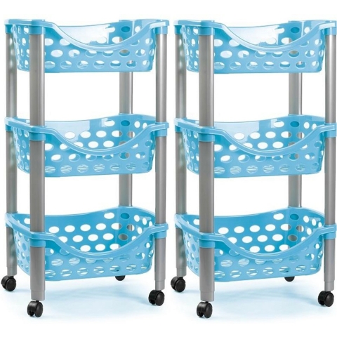 Set van 2x keukentrolley/roltafel 3 laags kunststof blauw 40 x 65 cm -