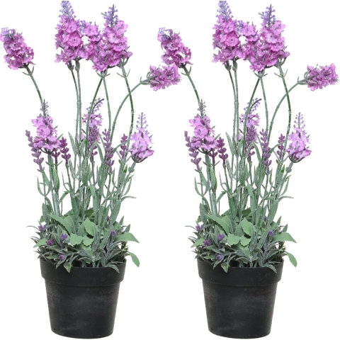 2x stuks lavendel kunstplant in pot - roze paars - D18 x H38 cm -
