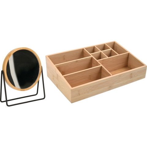 Make-up organizer 9 vaks en spiegel set - 33 x 21 cm - bamboe/metaal - zwart/bruin - 3x zoom -