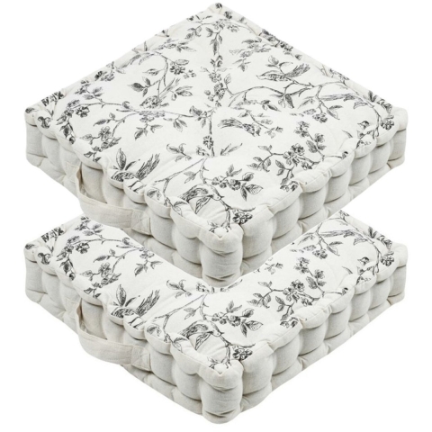 Stof Textile Vloerkussen Leaves - 2x - wit/grijs - katoen/polyester - 45 x 45 x 10 cm - Extra dik -