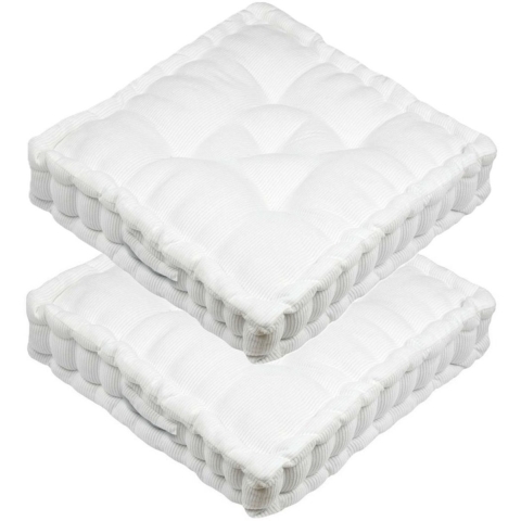 Stof Textile Vloerkussen Ribcord - 2x - wit - polyester - 45 x 45 x 10 cm - vierkant - Extra dik -