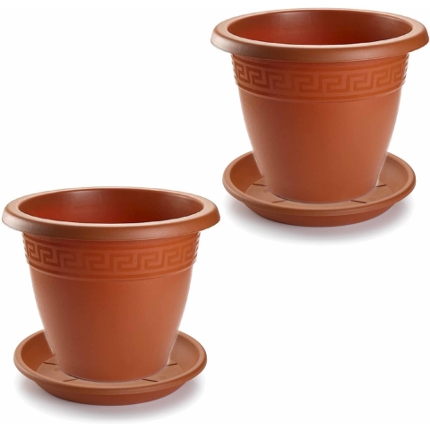 2x stuks bloempotten met onderschaal terra cotta rond diameter 40 cm -