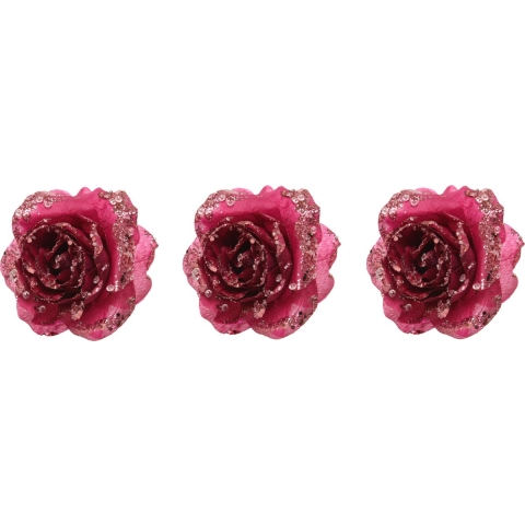 10x stuks decoratie bloemen roos framboos roze (magnolia) glitter op clip 14 cm -