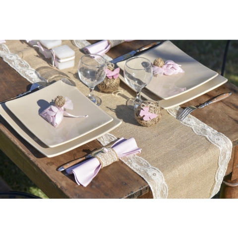 Tafelloper op rol - jute/kant - 28 cm x 6 m - Feest/bruiloft tafelkleed -