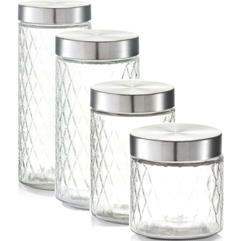 4x Glazen voorraadpotten/bewaarpotten 750/1200/1500/2000 ml geruit -