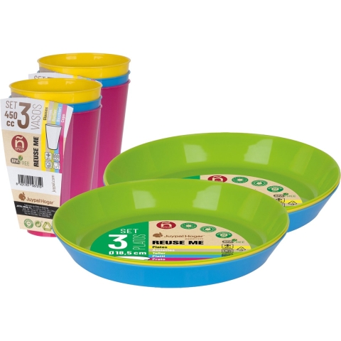 Servies set - 12x borden en drinkbekers - multi - kunststof - herbruikbaar -