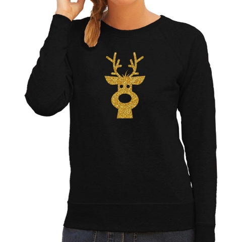 Rendier hoofd Kerst sweater / trui zwart voor dames met gouden glitter bedrukking 2XL -