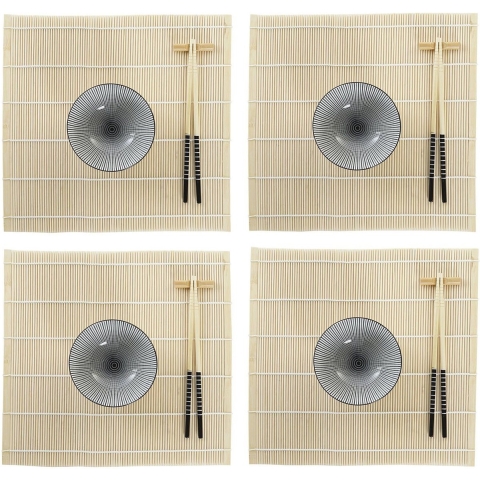 16-delige sushi serveer set aardewerk voor 4 personen zwart/wit -