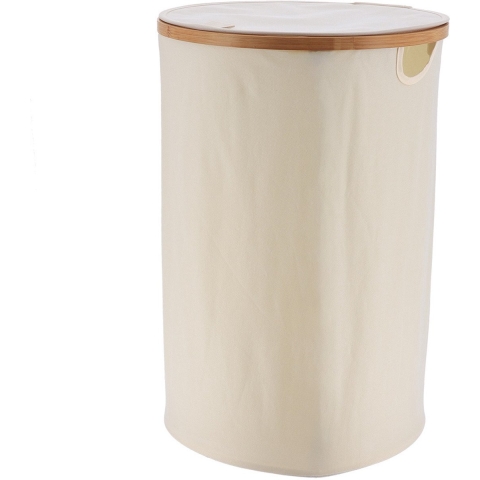 Wasmand met deksel - rond - bamboe hout - 70L - naturel wit - 60 x 40 cm - was sorteren -