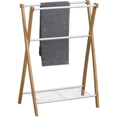 Handdoeken ophangrek/houder - badkamer - bamboe/metaal - 60 x 37 x 80 cm - wit -