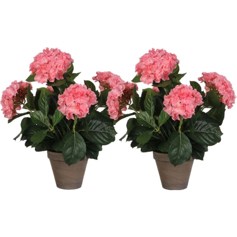 2x Roze Hydrangea/hortensia kunstplanten 45 cm in grijze pot -