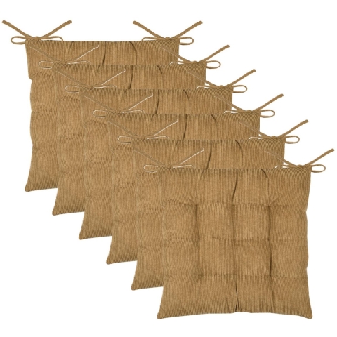 Stof Textile stoelkussen Dandy - 6x - camel - 38 x 38 x 5 cm - touwtjes sluiting - ribcord -