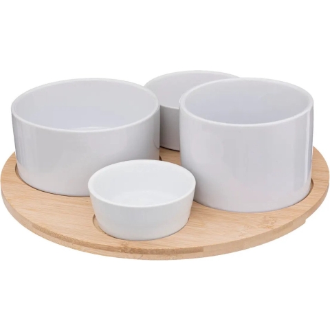 Serveerplank/borrelplank hapjes/saus/tapas - aardewerk - wit - incl. 4x schaaltjes -