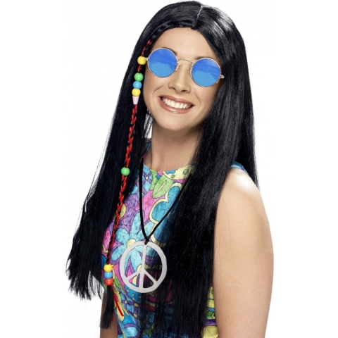 Dames Flower Power Hippie Sixties verkleed set pruik en bril en peace ketting -