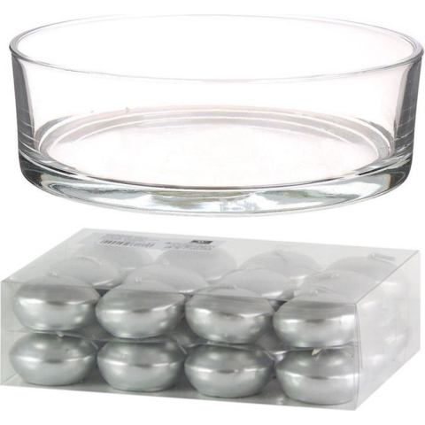 Cadeau set Lage luxe vaas 25 cm met zilveren drijfkaarsen -