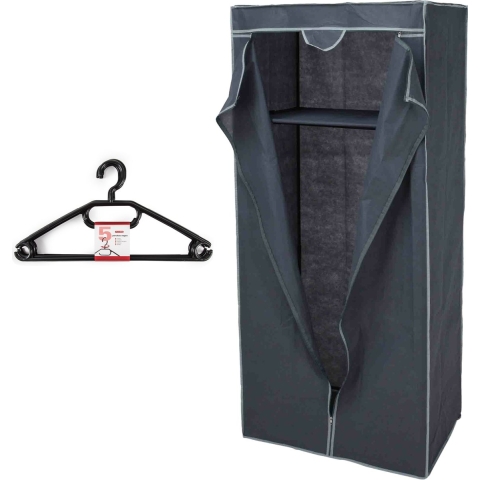 Mobiele opvouwbare kledingkast grijs 75 x 160 cm met 10x kledinghangers zwart -