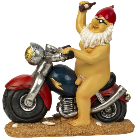 Tuinkabouter beeld Biker met blote reet - Polystone - Motor rijder - 32 x 32 cm -