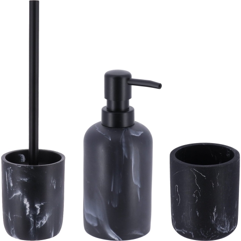 Badkamer set - WC-borstel/zeeppomp/tandenborstelbeker - grijs - marmer look - polyresin -