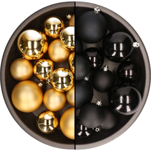 Kerstversiering kunststof kerstballen mix zwart/goud 4-6-8 cm pakket van 68x stuks -