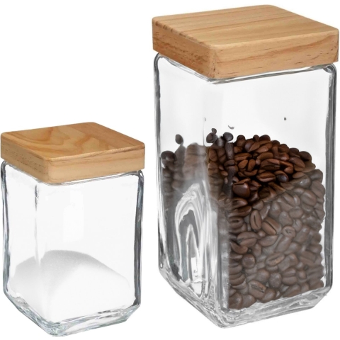 Keuken voorraadpotten glas met houten deksel - 2 formaten - 6x stuks -