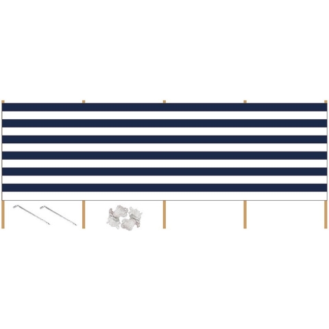 Strand/camping windscherm gestreept wit/blauw 3 meter x 120 cm incl. haringen en scheerlijnen -