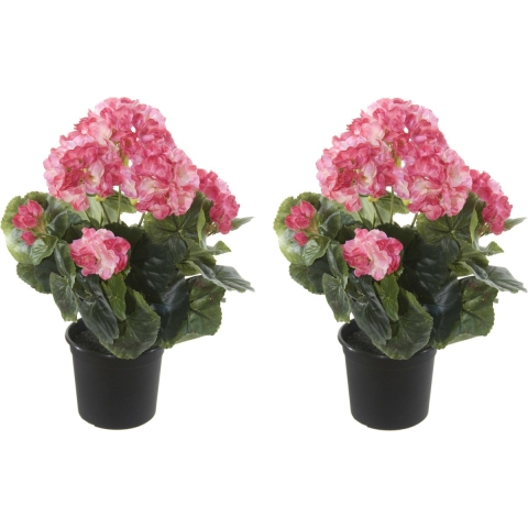 Geranium Kunstbloemen - 2 stuks - in pot - roze/creme - H35 cm -