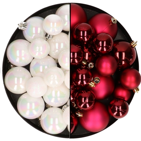 Kerstversiering kunststof kerstballen mix parelmoer wit/donkerrood 6-8-10 cm pakket van 44x stuks -