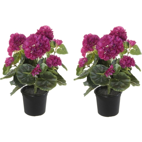 Geranium Kunstbloemen - 2 stuks - in pot - fuchsia - H35 cm -