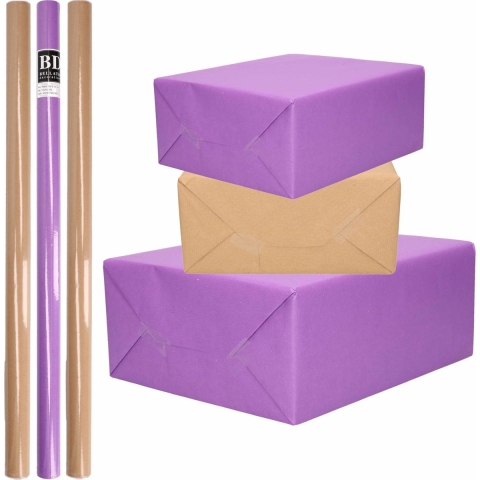 10x Rollen kraft inpakpapier/kaftpapier pakket bruin/paars 200 x 70 cm -