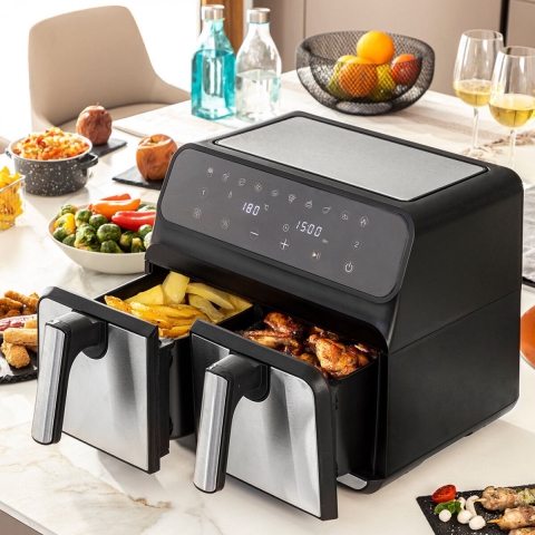 Tristar FR-9040 Dubbele friteuse 8 l 2700 W Heteluchtfunctie, Timerfunctie, Anti-aanbaklaag, Instelbare temperatuur Zwart