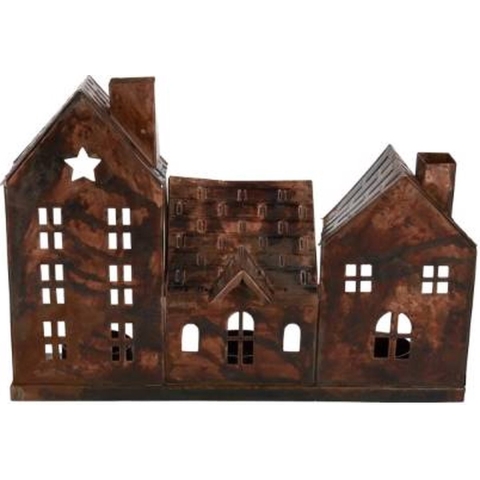 HBX Natural Living Theelichthouder Huizen Metaal Bronskleur