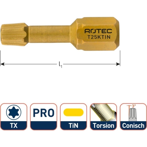 Rotec PRO Insertbit T 15 L=25mm C 6,3 Torsion Konisch TIN - 10 stuks - 8072015