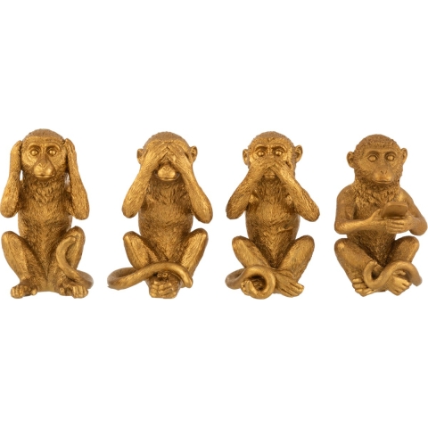 J-Line Aap Horen&Zien&Zwijgen&Gsm decoratie - polyresin - goud - 4 stuks - woonaccessoires