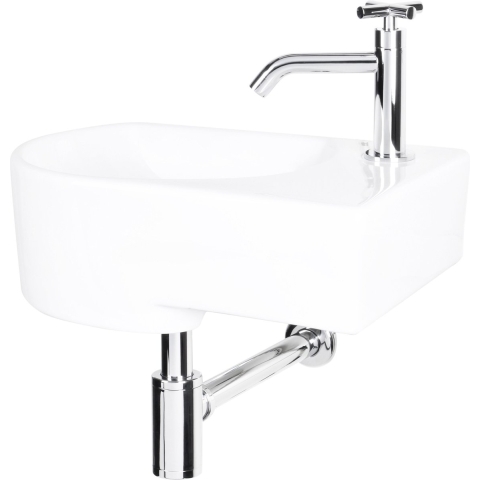 Differnz Apollo Fonteinset - Wasbak Keramiek - Wit - Gebogen Kraan - Chroom - Kruisgreep - 41 x 27 x 14 cm