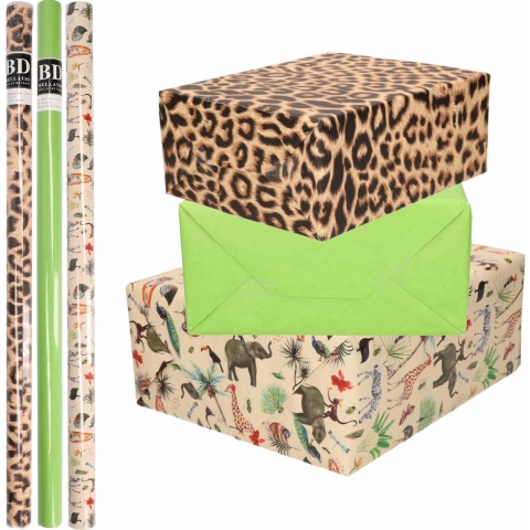 9x Rollen kraft inpakpapier jungle/panter pakket - dieren/luipaard/groen 200 x 70 cm -