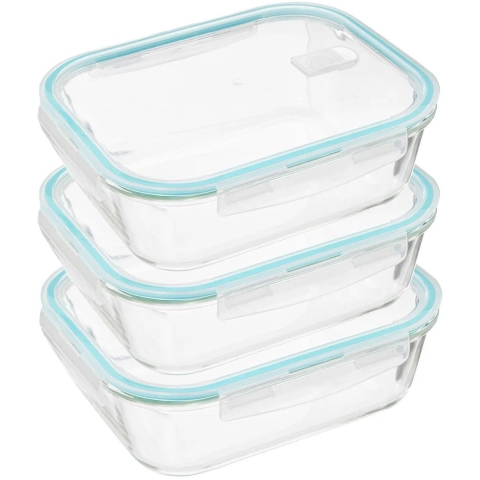 5Five Vershoudbakje met deksel - 3x - glas - luchtdicht - met clips - 26 x 21 x 8 cm - 2260 ml -