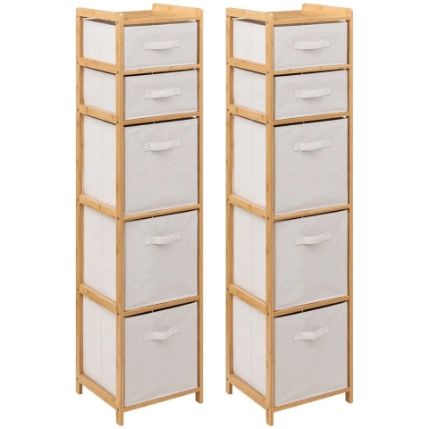Opbergkast met 5 polyester manden - 2x - 5 lagen - bamboe - beige - 35 x 33 x 144 cm -