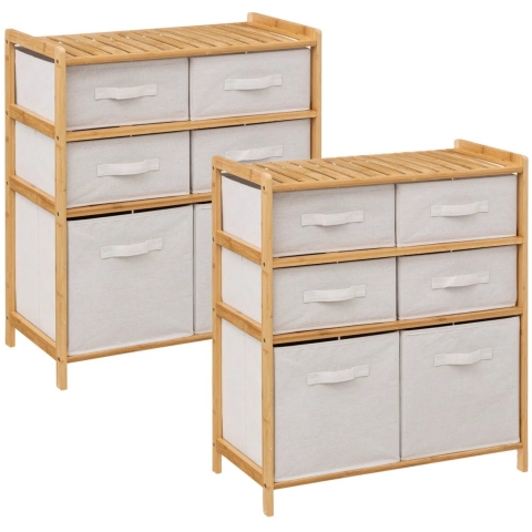 Opbergkast met 6 polyester manden - 2x - 3 lagen - bamboe - beige - 66 x 33 x 78 cm -